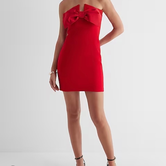 Strapless Statement Bow Mini Sheath Dress, Size L, Large, Lipstick Red, Express - Picture 2 of 4